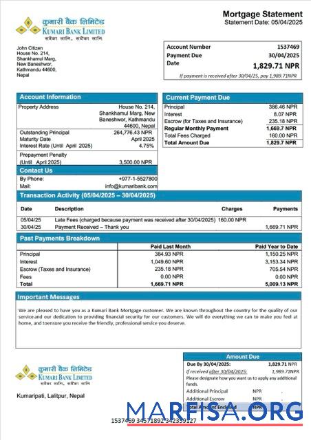 Blank Nepal Kumari Bank mortgage statement Word and PDF template